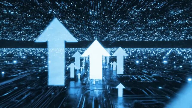 Digital arrow formation in glowing circuit for commercial backgrounds, digital design, and advertising