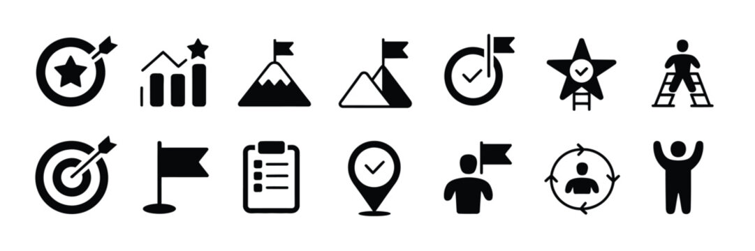 Goal and strategy vector icons, collection featuring progress tracking, mountain peak success, workflow steps, checklist tasks, and direction arrows, ideal for planning, productivity