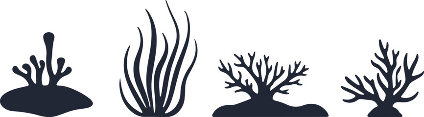 Fototapeta premium Collection of black silhouettes illustrating different types of coral and seaweed on a white background