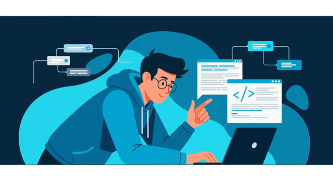 Young Programmer Working on Laptop with Code and Flowchart