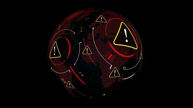 Digital World War Concept. Global Conflict and Cyber Warfare Alert Icons on Red World Map. High-Tech Security Threat and Crisis Illustration, vector illustration	