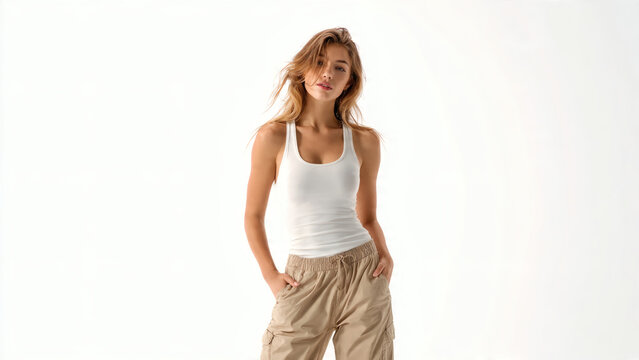 Photograph of a slim, attractive young woman with long, wavy blonde hair, wearing a white tank top and tan cargo pants, standing against a plain white background.