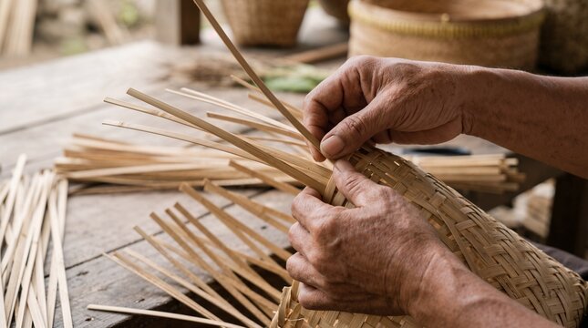 Close-up of skilled hands weaving bamboo.