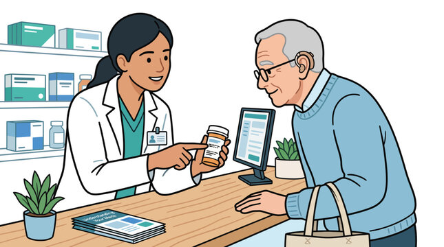 Female pharmacist explaining prescription medication to elderly male patient at pharmacy counter illustration