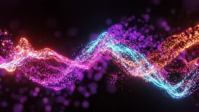 Colorful Glowing Particle Wave Flow Abstract Background in Dark Space.