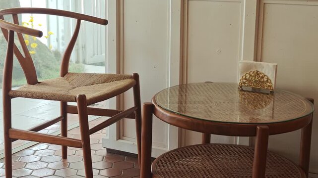 Tables and chairs in a cafe.