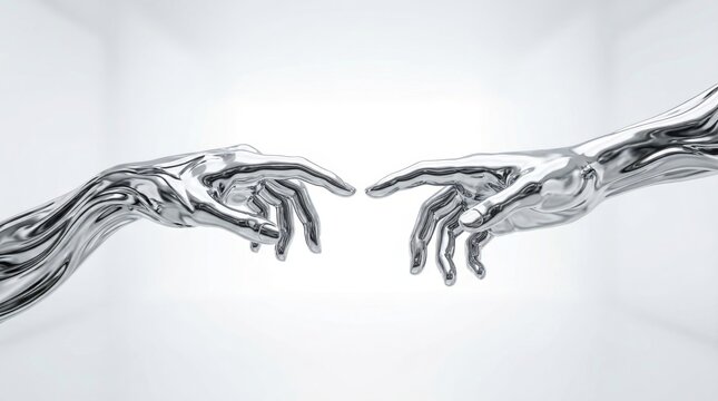 Two futuristic silver metallic hands reaching for each other, creation of Adam concept in sci-fi style, robot arm interaction, high-tech artificial intelligence, minimalist 3D visualization.