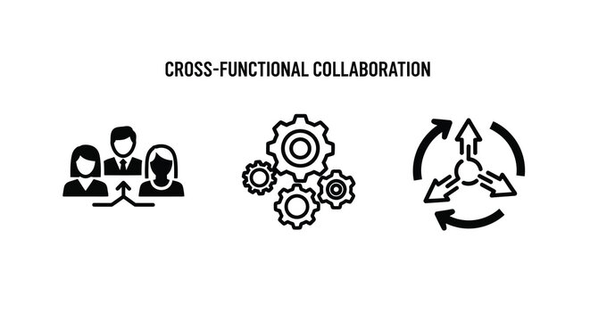 Teamwork gears and arrows represent cross functional collaboration silhouette