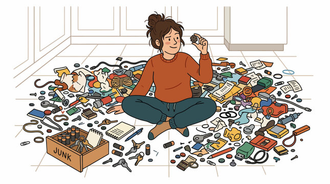 Woman sitting on floor sorting through large pile of junk and household items illustration