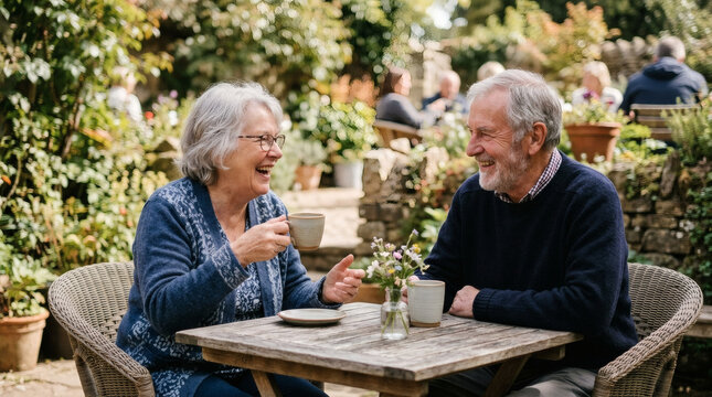 An elderly couple, a woman with glasses and short gray hair and a man with a gray beard, sit at a wooden table in a garden, chatting and sipping tea.