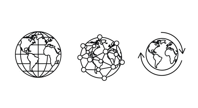 Global network connections depicted with three earth globe silhouettes