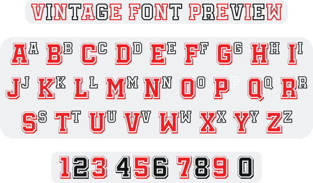 Vintage Collegiate Alphabet Letters and Numbers Vector for Sport Jersey and University Branding