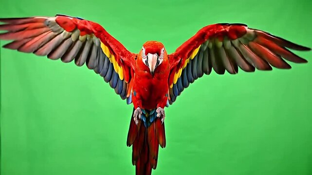 Vibrant Red Macaw Parrot Spreading Its Wings in Full Glory Against a Solid Green Background