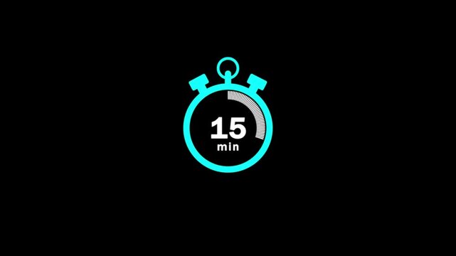 15 minute stopwatch icon isolated 15 minute timer animation .Animation timer 15 minutes - Stopwatch icon Motion graphics on black screen.15 minutes animation on white and black background