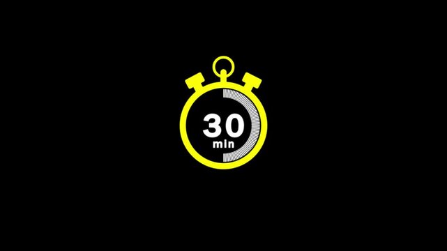 30 minute stopwatch icon isolated 30 minute timer animation .Animation timer 30 minutes - Stopwatch icon Motion graphics on black screen.30 minutes animation on white and black background