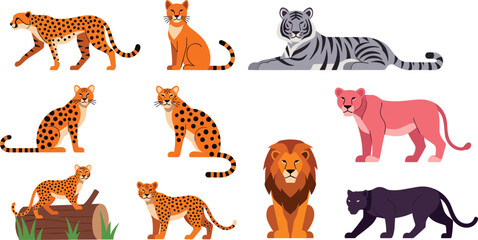 Wild Big Cat Vector Collection Featuring Cheetah, Leopard, Tiger, Lion, and Black Panther in Standing, Sitting, and Walking Poses © MdRoni