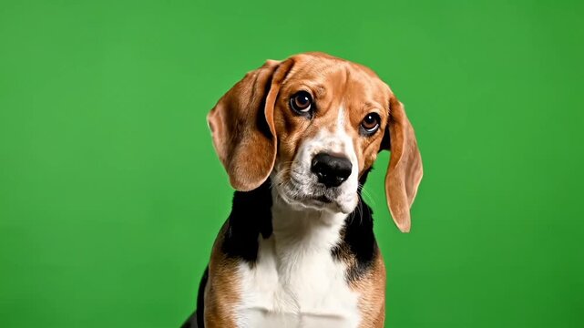 A charming tricolor Beagle dog with expressive eyes and floppy ears, captured in a medium shot against a bright green chroma key background, looking directly at the camera