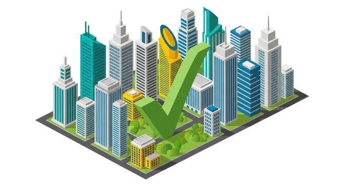 Isometric cityscape with green check mark.