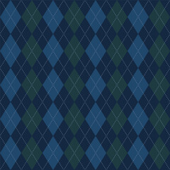 Fototapeta premium Argyle seamless pattern. Repeating blue argyles background for golf. Rhombus green plaid. Repeated navy knit design prents. Argyll diamond patern. Sweater bg. Winter wallpaper. Vector illustration