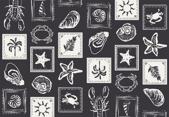Sea shells, fossils and mollusks seamless pattern. Summer beach hand-drawn seaside vector print. Fashion textile bright multicolored illustration. Seashore elements design for fabrics, wallpaper  © Sketch