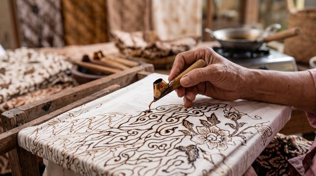 Traditional batik making process with hand.