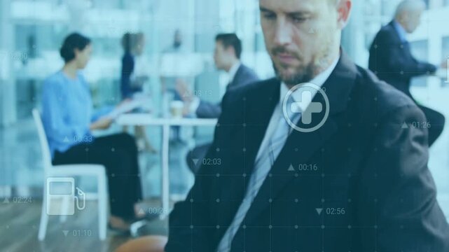 Man in suit tapping tablet, causing animated data icons and dotted grid for business analysis