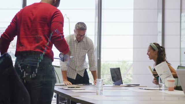 Team lead directing business review after red man bringing tablet and reports preparing next step