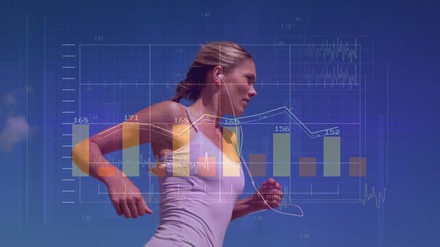Female runner entering frame and activating overlay, updating fitness charts, armband data