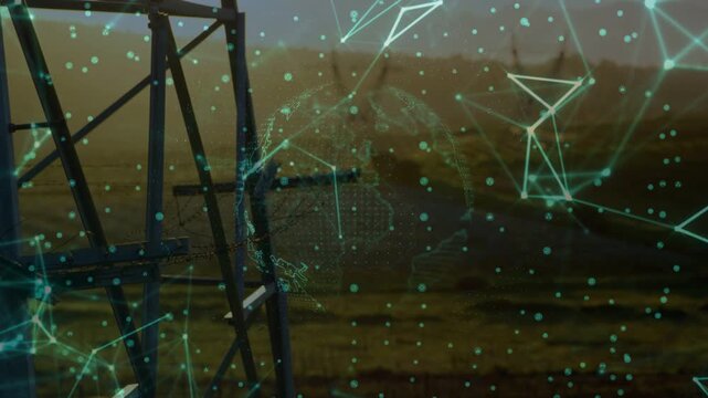 Rotating hologram globe revealing continents over open plain, pulsing triangle mesh and metal tower