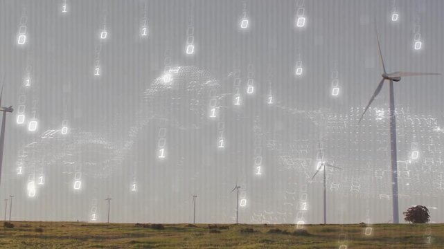 Rotating turbine at right on grassy plain, with turbines, shrub, binary wave, copy space