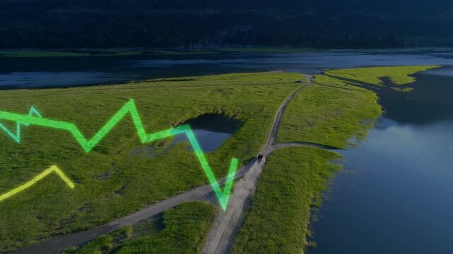 Grassy peninsula hosting forked dirt road SUV kicking dust by water, neon green graphs marking pond