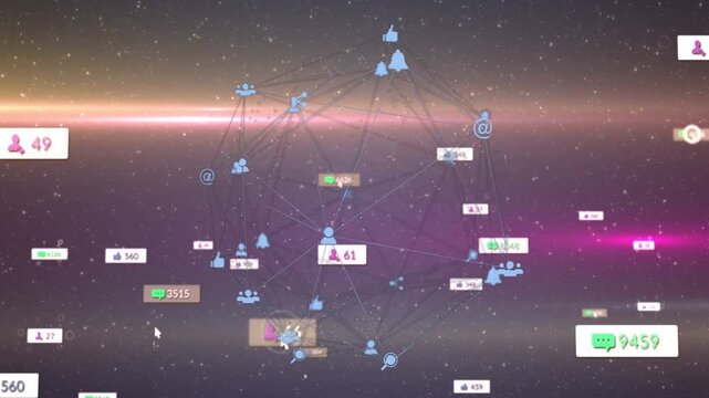 Social sphere rotating, cursor targeting purple badge, notifications updating engagement metrics
