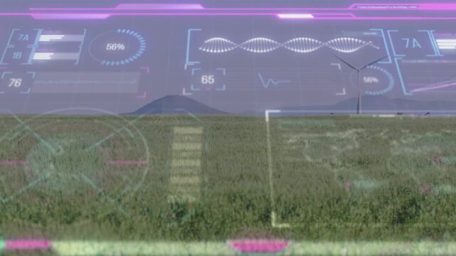 Grassy plain with magenta HUD updating gauges, scan box as wind gusts spinning turbines on horizon