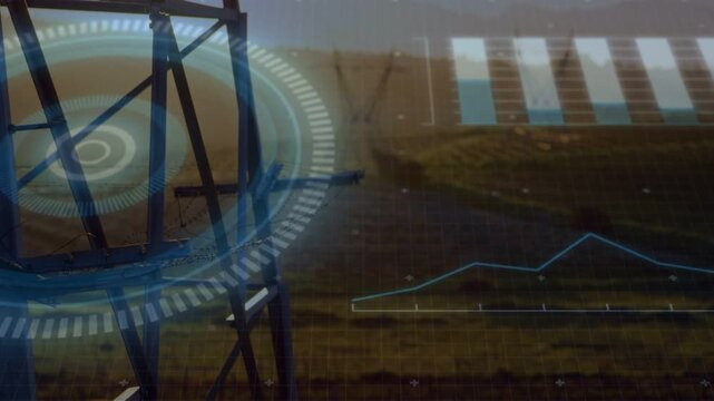 Dominating steel tower showing rotating HUD in field with panels and rising blue graph, copy space
