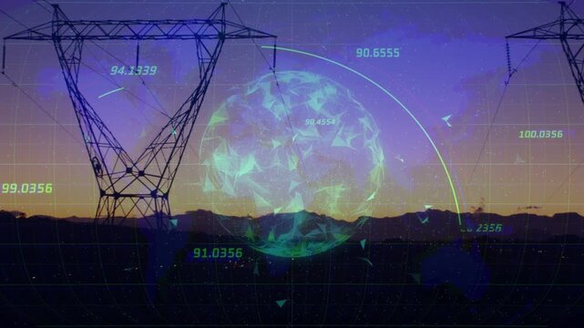 Teal-green orb appearing over ridge at dusk, pulsating, drawing arcs, showing numbers and pylons