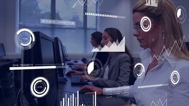 Three women typing and clicking at desktops in business, monitoring dashboards with animated charts