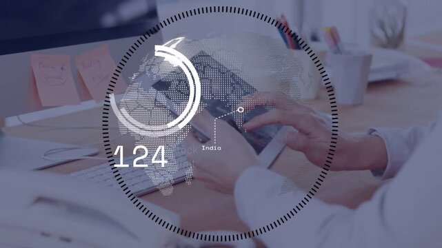 Woman tapping tablet, activating rotating HUD globe and changing numeric readouts for tech metrics