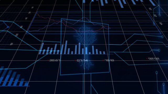 Camera pulling back initiating central histogram, pie charts animating on neon grid showing trends