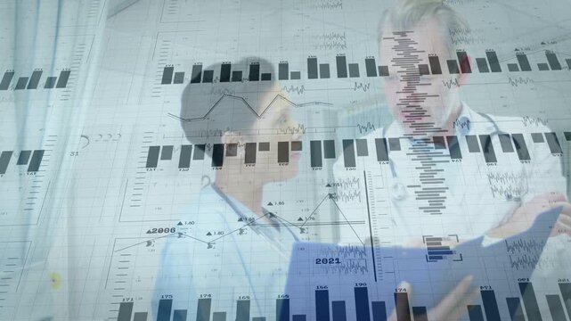 Nurse showing blue folder, doctor leaning in, animated medical charts over scene for patient review