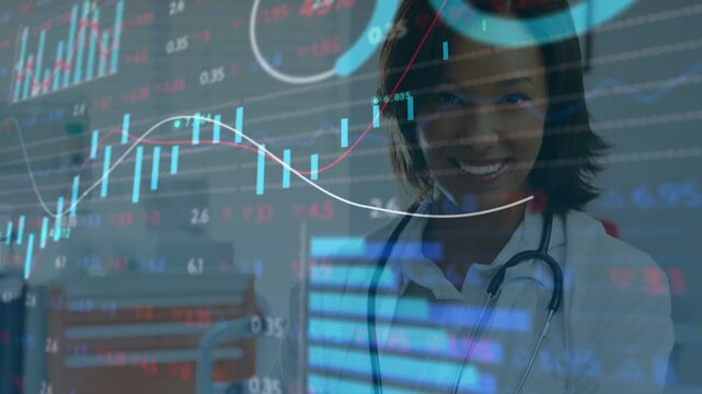Woman doctor uncrossing and smiling in clinic with charts gliding over her, showing patient trends