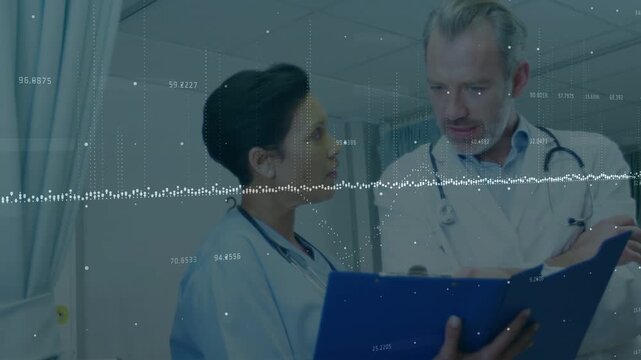 Nurse presenting patient folder, doctor pointing pages, both reviewing chart with waveform for care