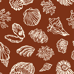 Sea shells, fossils and mollusks seamless pattern. Summer beach hand-drawn seaside vector print. Fashion textile bright multicolored illustration. Seashore elements design for fabrics, wallpaper  © Sketch