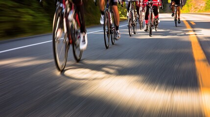 Naklejka premium peloton. Tight group of road cyclists in motion on an open highway. public awareness campaigns, NGO reports, designed for public awareness campaigns and NGO communications, drives public awareness.