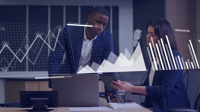 Woman rotating tablet, man leaning causing animated graphs evolving into world map guiding business