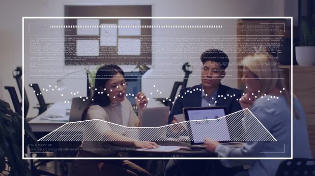 Typing three colleagues in work attire in meeting room tapping laptop pointing tablet gesturing HUD