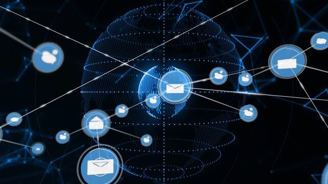 Glowing envelope starting Holo globe, sparking lines, spawning nodes, forming dense tech network