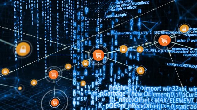 Central node pulsing, sending line linking cart and padlock icons, expanding e-commerce network
