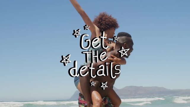 Woman hopping onto man's back, man walking sand holding her, overlay GetDetails framing business ad