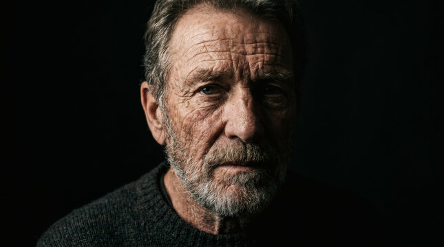Photograph of an older man with graying hair, deep-set eyes, and a serious expression, wearing a dark sweater, against a black background.
