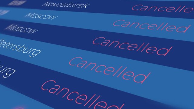 Horizontal 4K video. Air traffic cancellation. Information board at airport. Flight to Moscow, Russian cities canceled. Flat Animation. Planes do not fly to Russia. Public transport problems, collapse